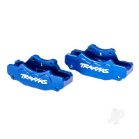 Brake calipers, front (left & right) (blue-anodised 6061-T6 aluminium), 3x10mm CS (with threadlock) (4), 2.5x8mm BCS (with threadlock) (4)