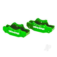 Brake calipers, front (left & right) (green-anodised 6061-T6 aluminium), 3x10mm CS (with threadlock) (4), 2.5x8mm BCS (with threadlock) (4)