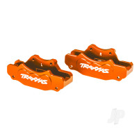 Brake calipers, front (left & right) (orange-anodised 6061-T6 aluminium), 3x10mm CS (with threadlock) (4), 2.5x8mm BCS (with threadlock) (4)