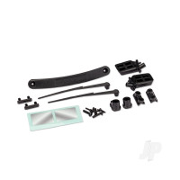 Replacement body trim pieces for the 11011-series TRX-4 Nissan Pathfinder body. Includes side mirrors, windshield wipers, door handles, 2.6x10 mm screws (2), and 1.6x6 mm screws (6).