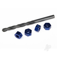 Wheel adaptors, 12mm hex, 6061-T6 aluminium (Blue-anodised) (4 pcs) / screw pins (4 pcs) / drill bit, 0.25in (for 6mm shafts) (requires #6451 (x2), #6452 (x2), #6439, #6455, #5117 (x3))