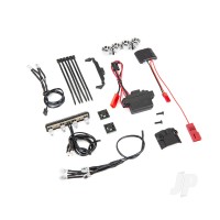 LED light kit, 1:16th Summit (power supply, Chrome lightbar, roof light harness (4 Clear, 2 Red), chassis harness (4 Clear, 2 Red), wire ties, mounts)