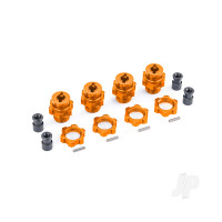 Wheel hubs, splined, 17mm, short (Orange-anodised) (4), wheel nuts, splined, 17mm (Orange-anodised) (4), hub retainer M4 X 0.7 (4), axle pin (4) (for use with #9080 upgrade kit)