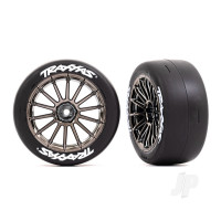 Wheels & Tyres, Assembled, Glued (multi-spoke Black Chrome wheels, 2.0in slick Tyres with Traxxas logo, foam inserts) (front) (2) (VXL rated)