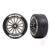Wheels & Tyres, Assembled, Glued (multi-spoke Black Chrome wheels, 2in Slick Tyres with Traxxas logo, foam inserts) (rear) (2 pcs) (VXL rated)