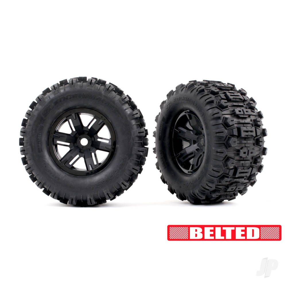 Wheels & Tyres, Assembled, Glued (X-Maxx Black wheels, Sledgehammer belted tyres, dual profile (4.3in outer, 5.7in inner), foam inserts) (left & right)