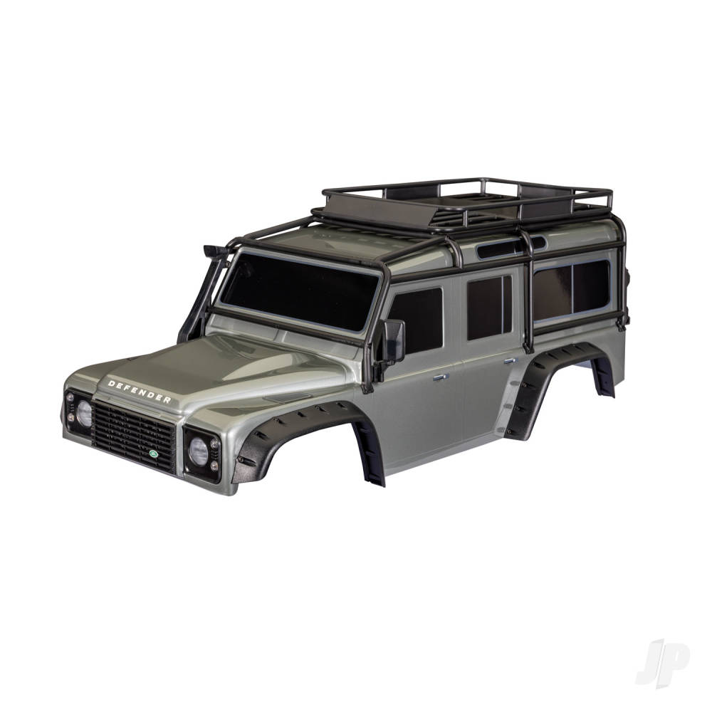 Body, Land Rover Defender, Silver (complete with ExoCage, fuel canisters, jack, spare tyre mount & clipless mounting)